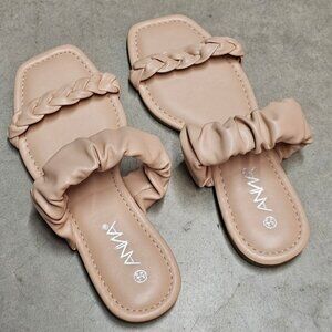 Nude Braided Strap Flat Sandals With Padded Scrunch Detail & Square Toe Design